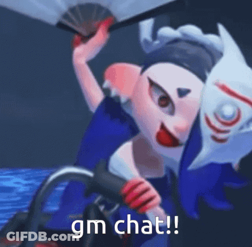 A Cartoon Character Is Holding A Fan And A Mask And Says `` Gm Chat ! '' GIF