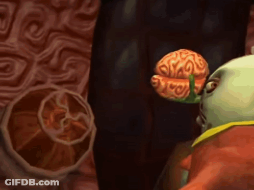 A Cartoon Character Is Holding A Flower With A Brain On It GIF