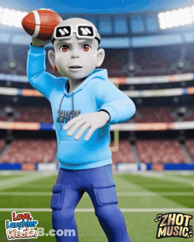 A Cartoon Character Is Holding A Football With The Words Love Laughter Wisdom Behind Him GIF