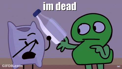 A Cartoon Character Is Holding A Glass And Says " Im Dead " In White Letters GIF