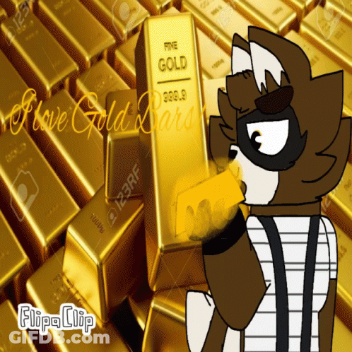 A Cartoon Character Is Holding A Gold Bar In Front Of A Pile Of Gold GIF