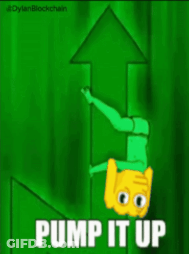 A Cartoon Character Is Holding A Green Arrow And Says Pump It Up GIF