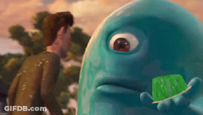 A Cartoon Character Is Holding A Green Jelly And Looking At A Man GIF