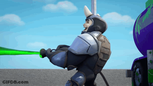 A Cartoon Character Is Holding A Green Laser Beam GIF