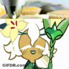 A Cartoon Character Is Holding A Green Plant In Front Of A Flower . GIF