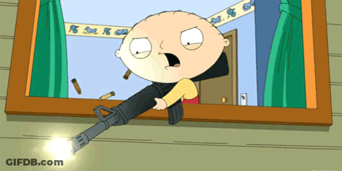 A Cartoon Character Is Holding A Gun And Looking Out A Window GIF