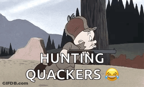A Cartoon Character Is Holding A Gun And Says `` Hunting Quackers '' GIF