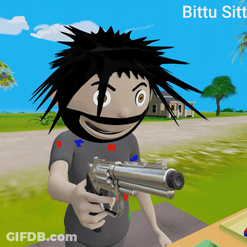 A Cartoon Character Is Holding A Gun And The Name Bittu Sitt Is On The Bottom Right GIF