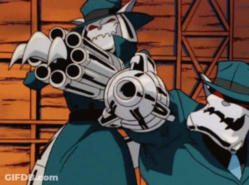 A Cartoon Character Is Holding A Gun And Wearing A Blue Hat GIF