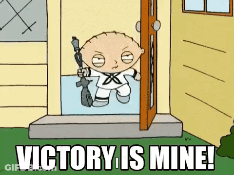 A Cartoon Character Is Holding A Gun In A Doorway And Says `` Victory Is Mine ! '' GIF