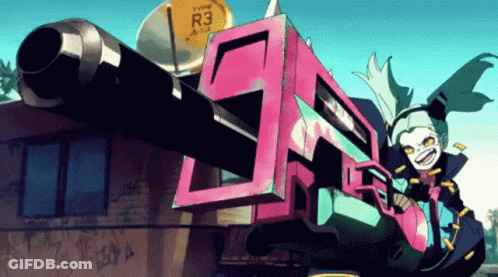A Cartoon Character Is Holding A Gun In Front Of A Building With A Sign That Says R3 GIF