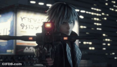 A Cartoon Character Is Holding A Gun In Front Of A Sign That Says ' Acis6 ' GIF