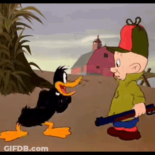 A Cartoon Character Is Holding A Gun Next To A Duck . GIF