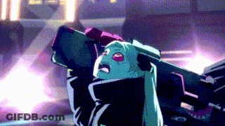 A Cartoon Character Is Holding A Gun With A Purple Light Behind Her . GIF