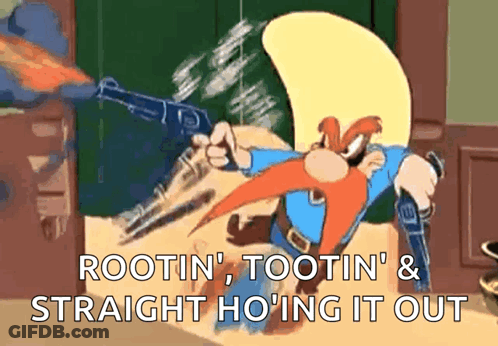 A Cartoon Character Is Holding A Gun With The Words Rootin ' Tootin ' & Straight Ho 'Ing It Out Below Him GIF