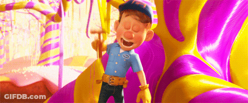 A Cartoon Character Is Holding A Hammer And Smiling In Front Of A Purple And Yellow Candy Cane . GIF