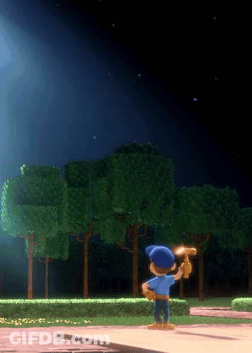 A Cartoon Character Is Holding A Hammer In A Dark Park GIF