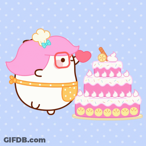 A Cartoon Character Is Holding A Heart In Front Of A Cake GIF