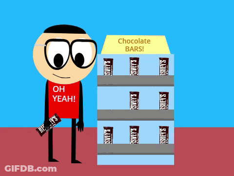 A Cartoon Character Is Holding A Hershey 'S Bar In Front Of A Display Of Hershey 'S Chocolate Bars GIF