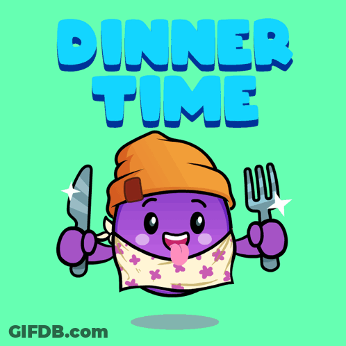 A Cartoon Character Is Holding A Knife And Fork With The Words Dinner Time Behind Him GIF
