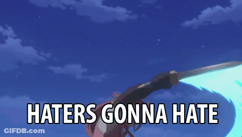 A Cartoon Character Is Holding A Knife And The Words Haters Gonna Hate Are Above Her GIF