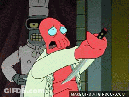 A Cartoon Character Is Holding A Knife In Front Of A Chef And Says Make Gifs At Gfcup.com GIF
