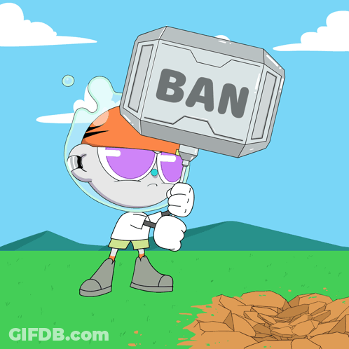 A Cartoon Character Is Holding A Large Hammer That Says Ban GIF