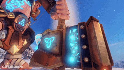 A Cartoon Character Is Holding A Large Hammer With A Celtic Symbol On It GIF