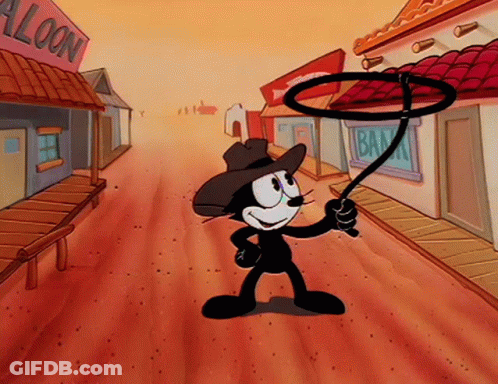 A Cartoon Character Is Holding A Lasso In Front Of A Building That Says Bank GIF