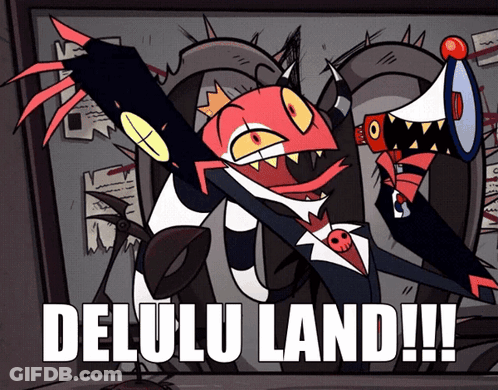 A Cartoon Character Is Holding A Megaphone And Says Delulu Land !!! GIF