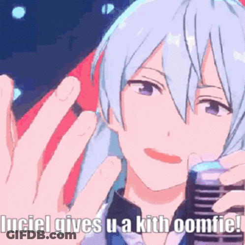 A Cartoon Character Is Holding A Microphone And Says Luciel Gives Ua Kith Oomfie GIF
