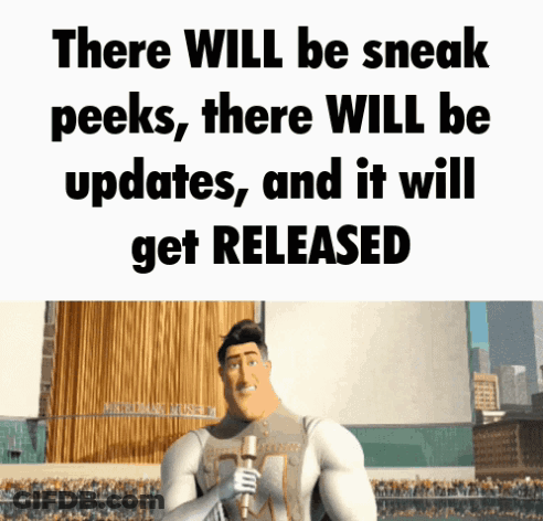 A Cartoon Character Is Holding A Microphone And Says There Will Be Sneak Peeks , There Will Be Updates And It Will Get R GIF