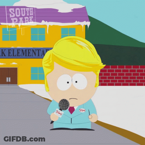 A Cartoon Character Is Holding A Microphone In Front Of A South Park School GIF