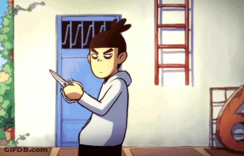 A Cartoon Character Is Holding A Pair Of Scissors In Front Of A Door GIF