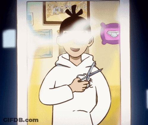 A Cartoon Character Is Holding A Pair Of Scissors In His Hand GIF