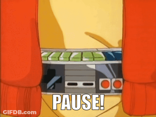 A Cartoon Character Is Holding A Pause Button GIF