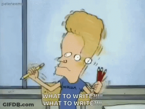 A Cartoon Character Is Holding A Pencil And A Pair Of Scissors And Says What To Write . GIF