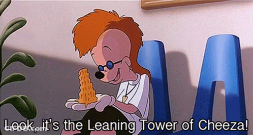 A Cartoon Character Is Holding A Piece Of Cheese And Says Look It 'S The Leaning Tower Of Cheez GIF