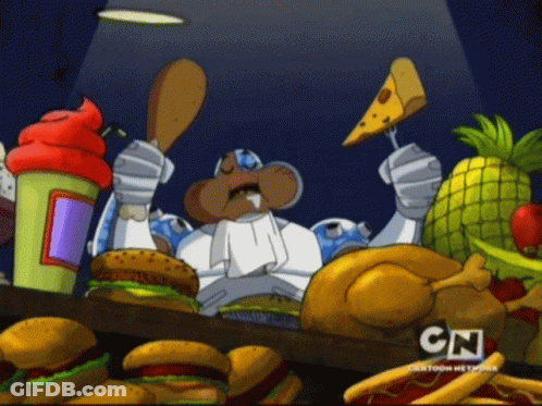A Cartoon Character Is Holding A Piece Of Cheese In Front Of A Bunch Of Food With Cn Written On The Bottom GIF