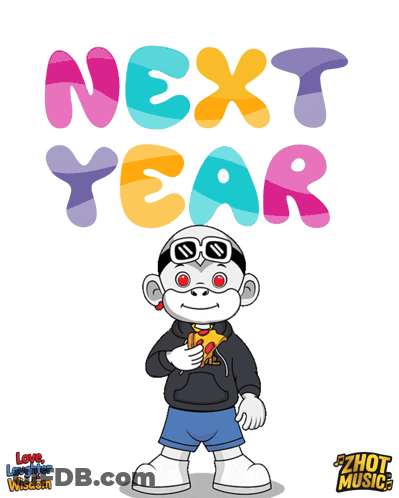 A Cartoon Character Is Holding A Piece Of Pizza In Front Of The Words Next Year GIF