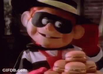 A Cartoon Character Is Holding A Pile Of Hamburgers In His Hands . GIF