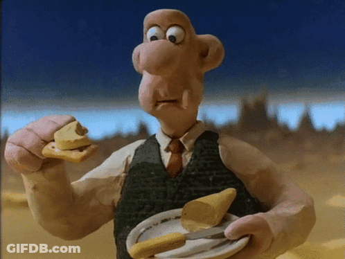 A Cartoon Character Is Holding A Plate Of Food And Eating A Piece Of Cheese GIF