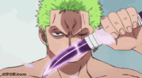 A Cartoon Character Is Holding A Purple Knife In His Hand . GIF
