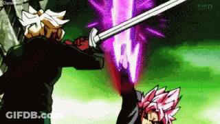 A Cartoon Character Is Holding A Purple Sword And Fighting Another Character GIF