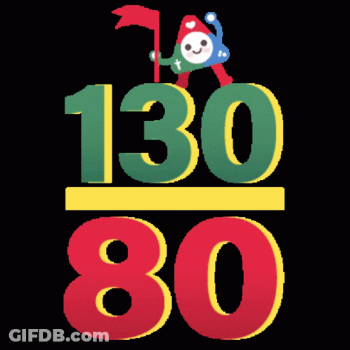 A Cartoon Character Is Holding A Red Flag Above The Number 130 And 80 GIF