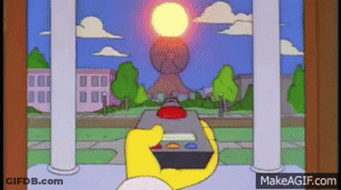 A Cartoon Character Is Holding A Remote Control In Front Of A Building GIF