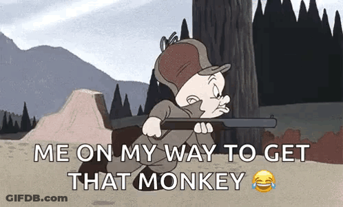 A Cartoon Character Is Holding A Rifle And Says `` Me On My Way To Get That Monkey '' . GIF