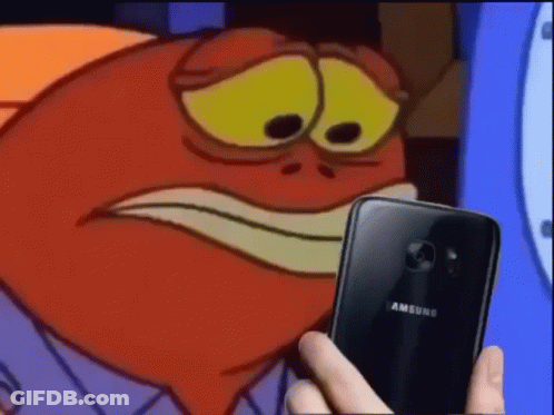 A Cartoon Character Is Holding A Samsung Phone In Front Of Him . GIF