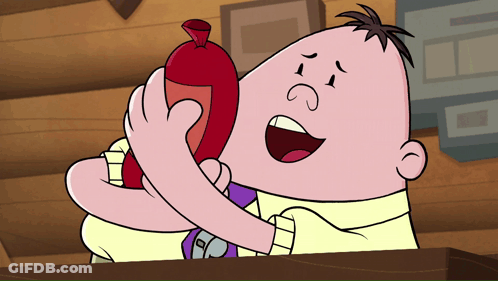 A Cartoon Character Is Holding A Sausage In His Mouth GIF