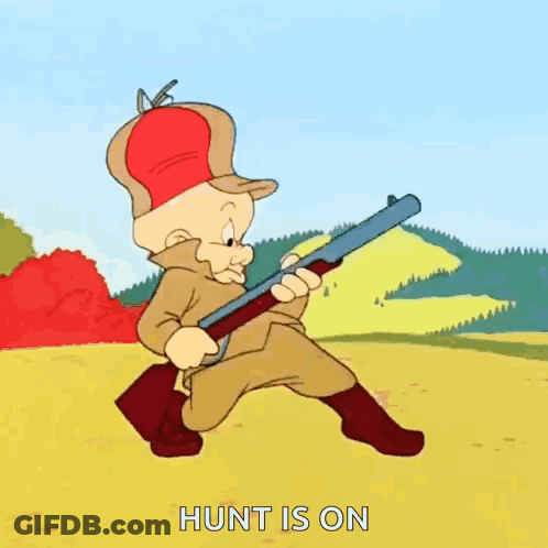 A Cartoon Character Is Holding A Shotgun In A Field And Says Hunt Is On . GIF